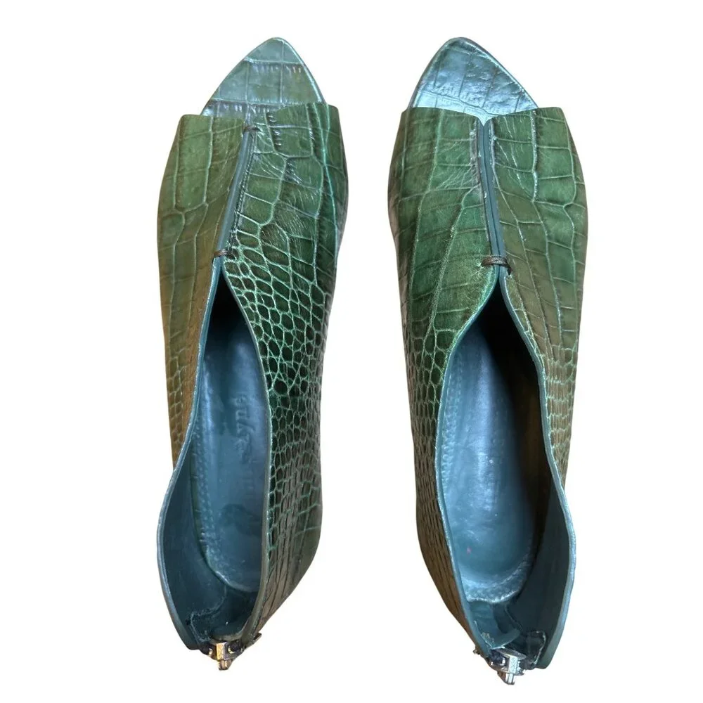 Jenni Kayne‎ Size 7 Leather Embossed Animal Print Flats Zip Forest Green Boho